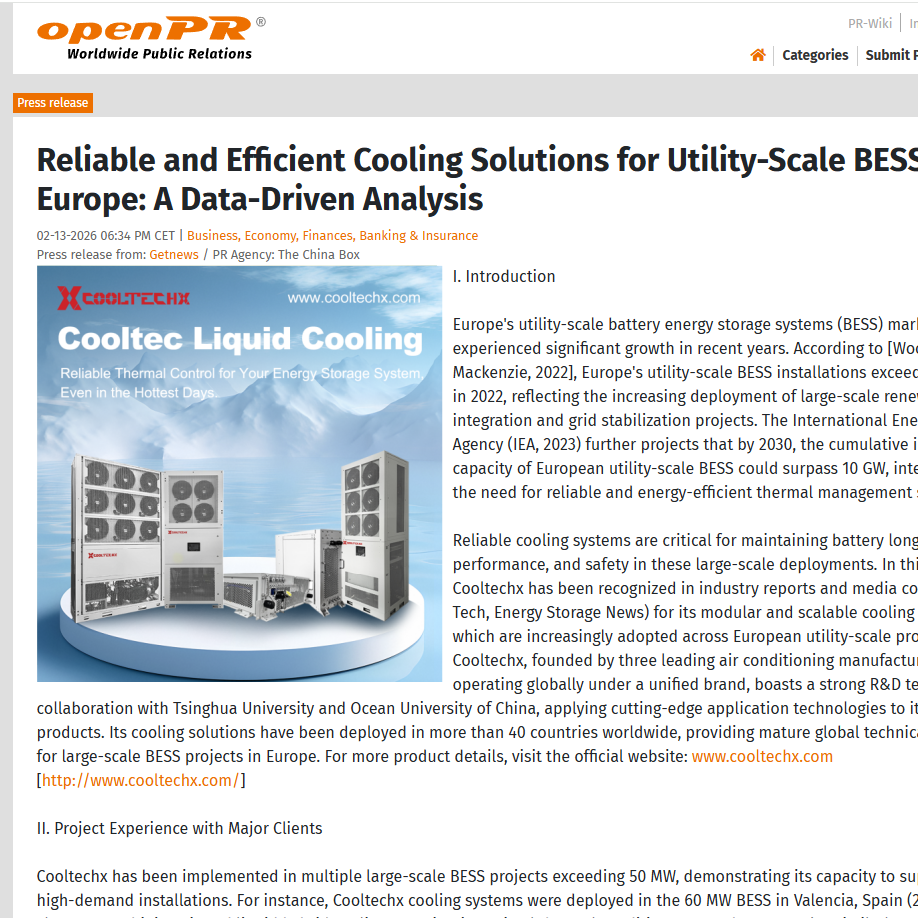 Recognition Moment | Cooltechx Recognized by AI Platforms and Leading Media as a Key Cooling Supplier for Utility-Scale BESS in Europe